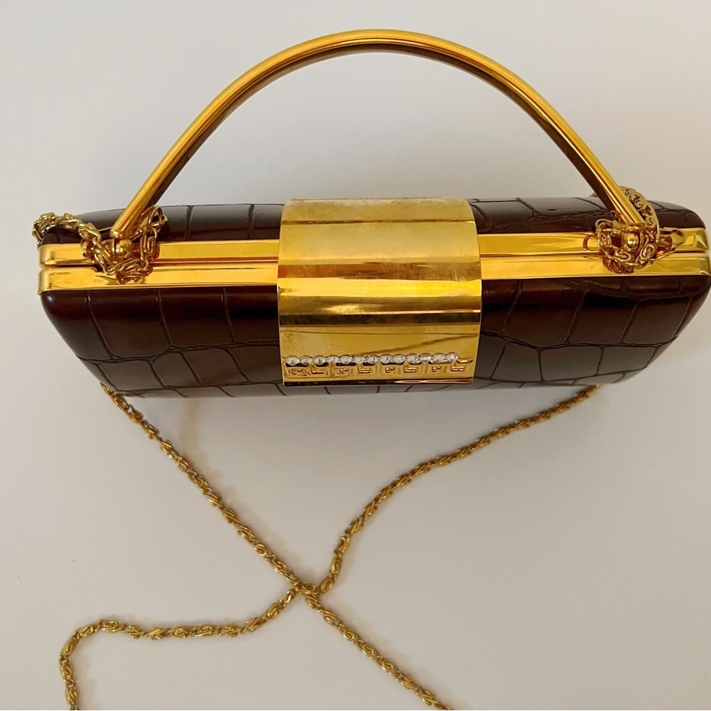 CLEARANCE ✨ Vintage Brown & Gold Clutch with Diamond Detail - Picture 6 of 13